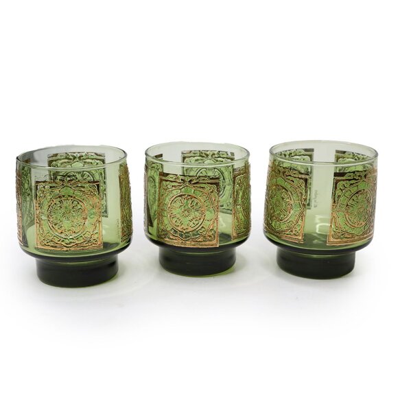 VINTAGE Libbey Elcyda Glasses SET of 3 Green Gold MCM Rocks Barware Old Fashione - Picture 11 of 11